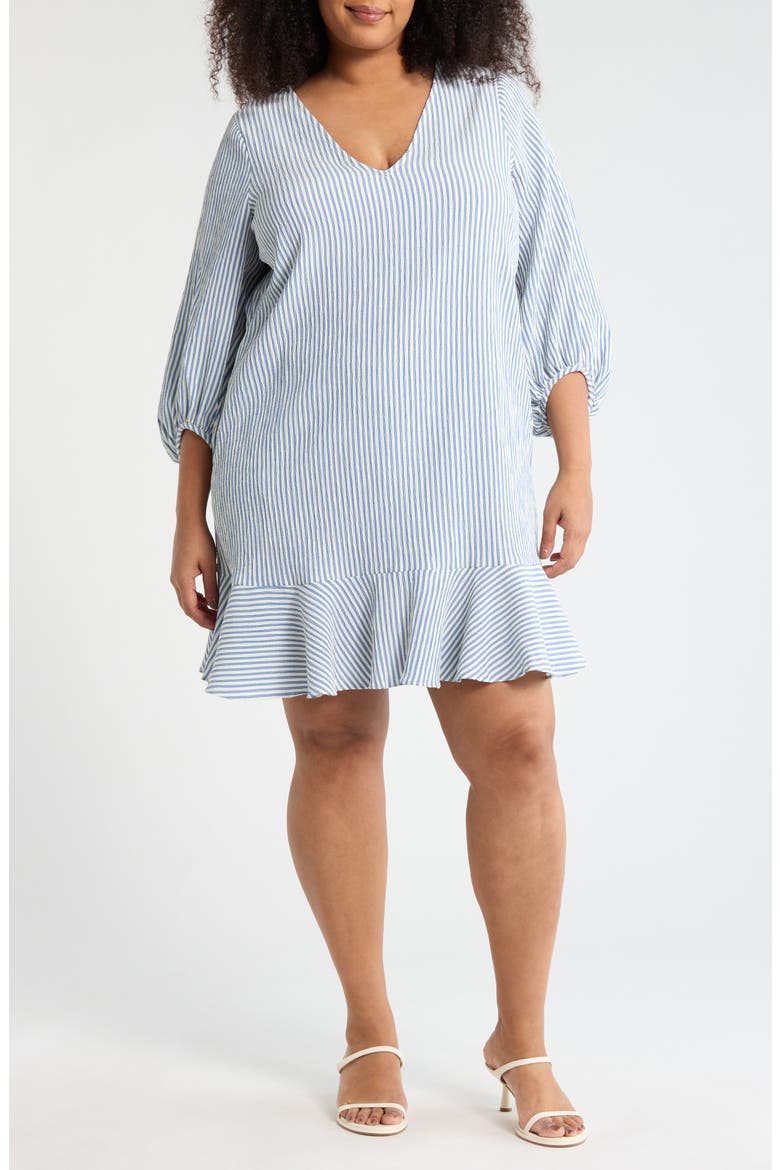 Stripe Long Sleeve Ruffle Shift Dress, Main, color, BLUE/ IVORY