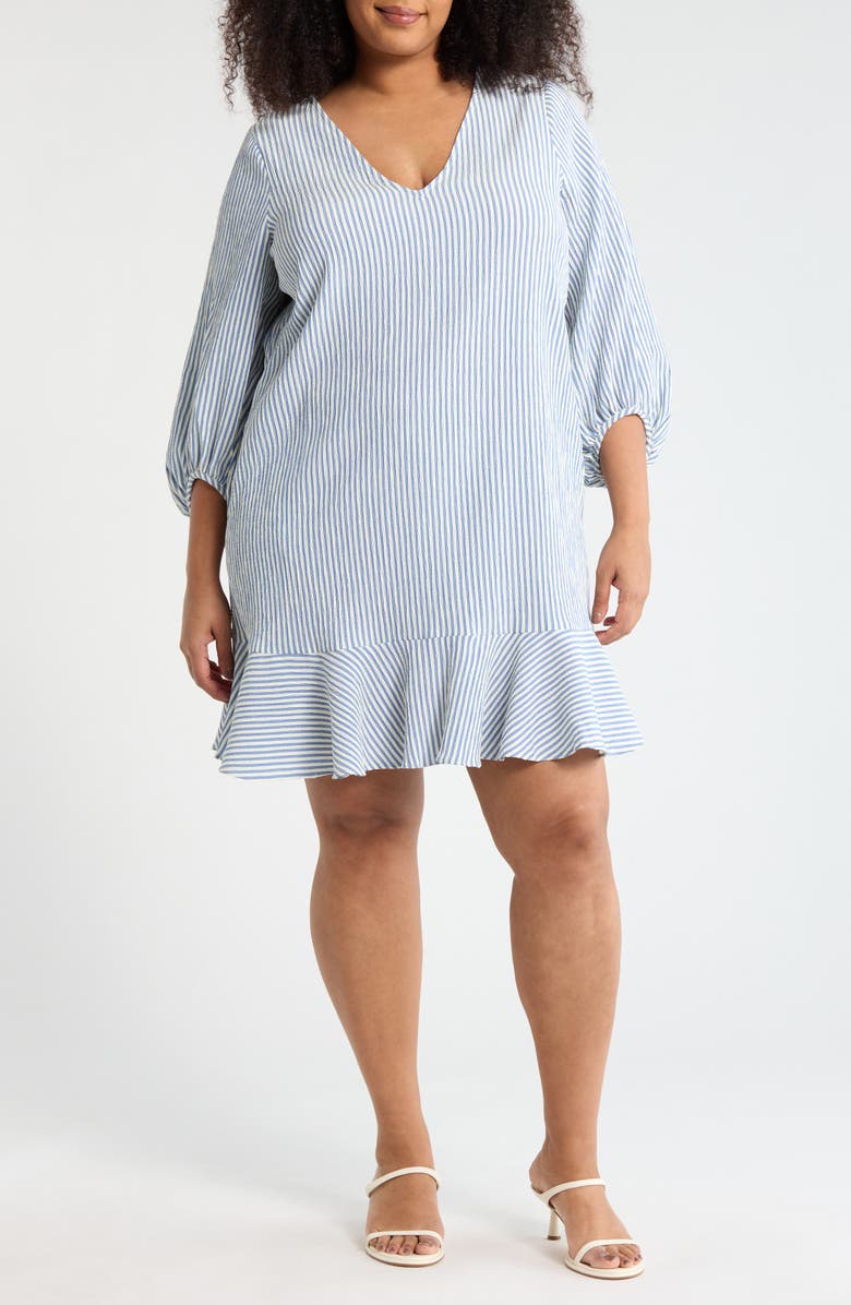 London Times Stripe Long Sleeve Ruffle Shift Dress, Main, color, Blue/ Ivory
