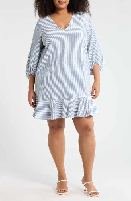 London Times Stripe Long Sleeve Ruffle Shift Dress