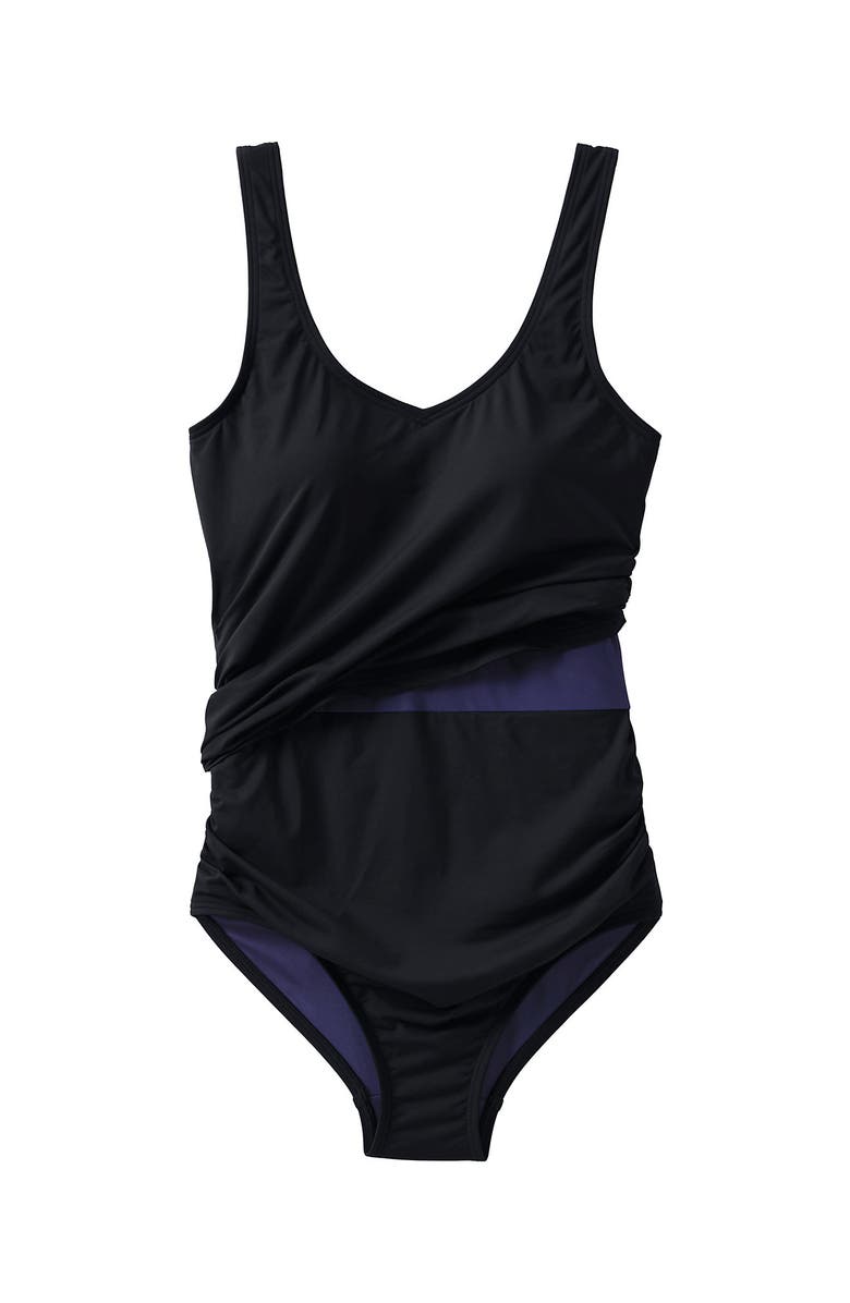 Lands' End Chlorine Resistant V Neck One Piece Fauxkini Swimsuit, Alternate, color, 