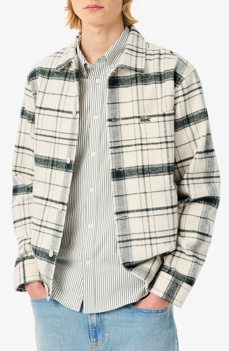 Lacoste Plaid Flannel Button-Up Overshirt, Main, color, White/ Green/ Grey Chine