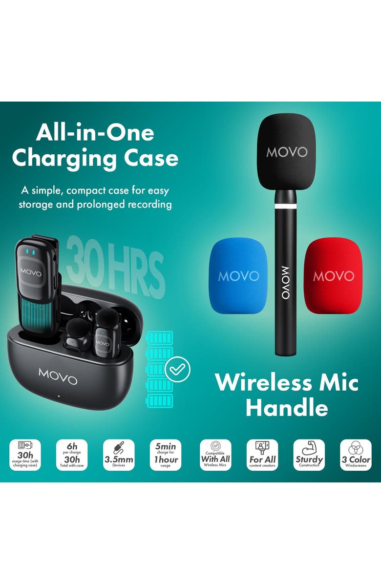 MOVO NanoMic Wireless Lavalier Microphone for Camera (3.5mm) w/WMX-HM2 Wireless Mic Handle, Alternate, color, Black