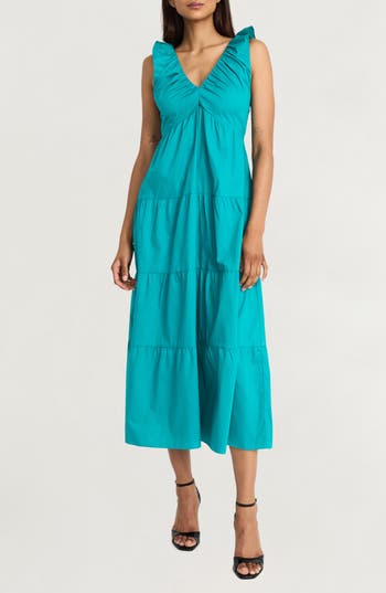 The Good Journey Ruffle Strap Empire Waist Tiered Cotton Midi Dress In Blue