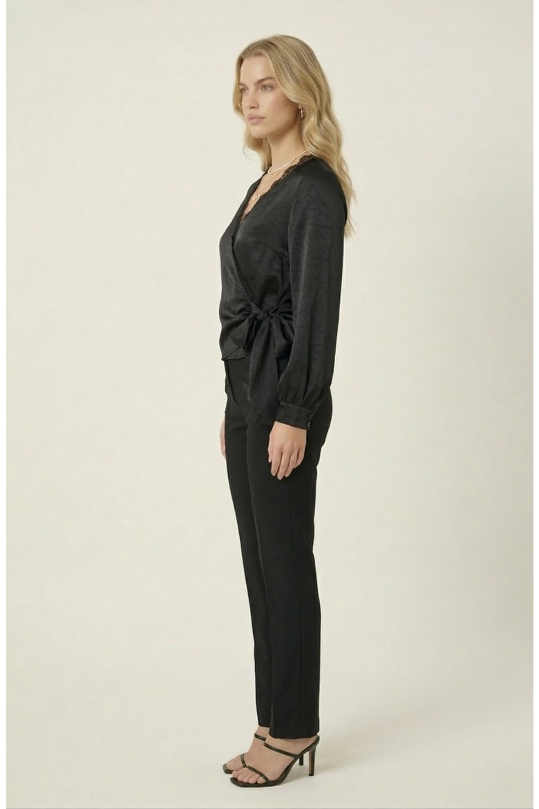 Lace Trim V-Neck Wrap Blouse, Alternate, color, Black