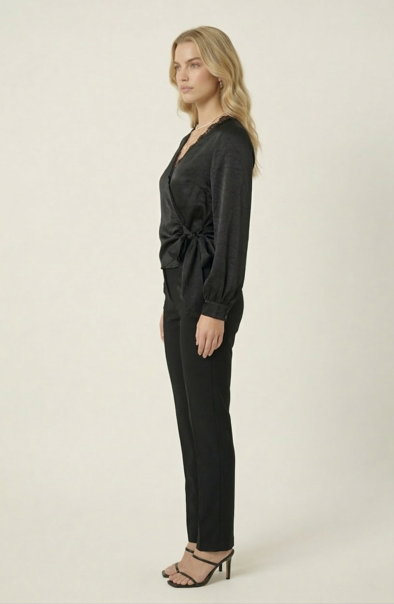 Modenaire Lace Trim V-Neck Wrap Blouse, Alternate, color, Black