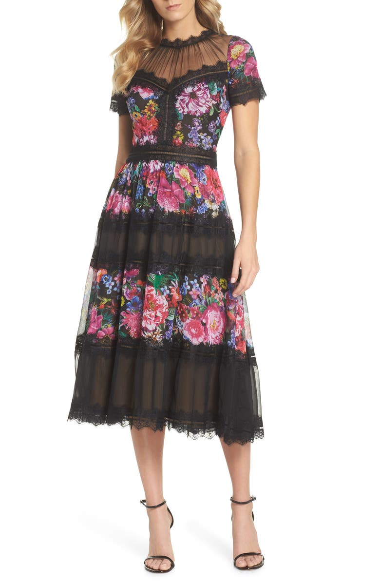 Tadashi Shoji Lace Floral Midi Dress, Main, color,