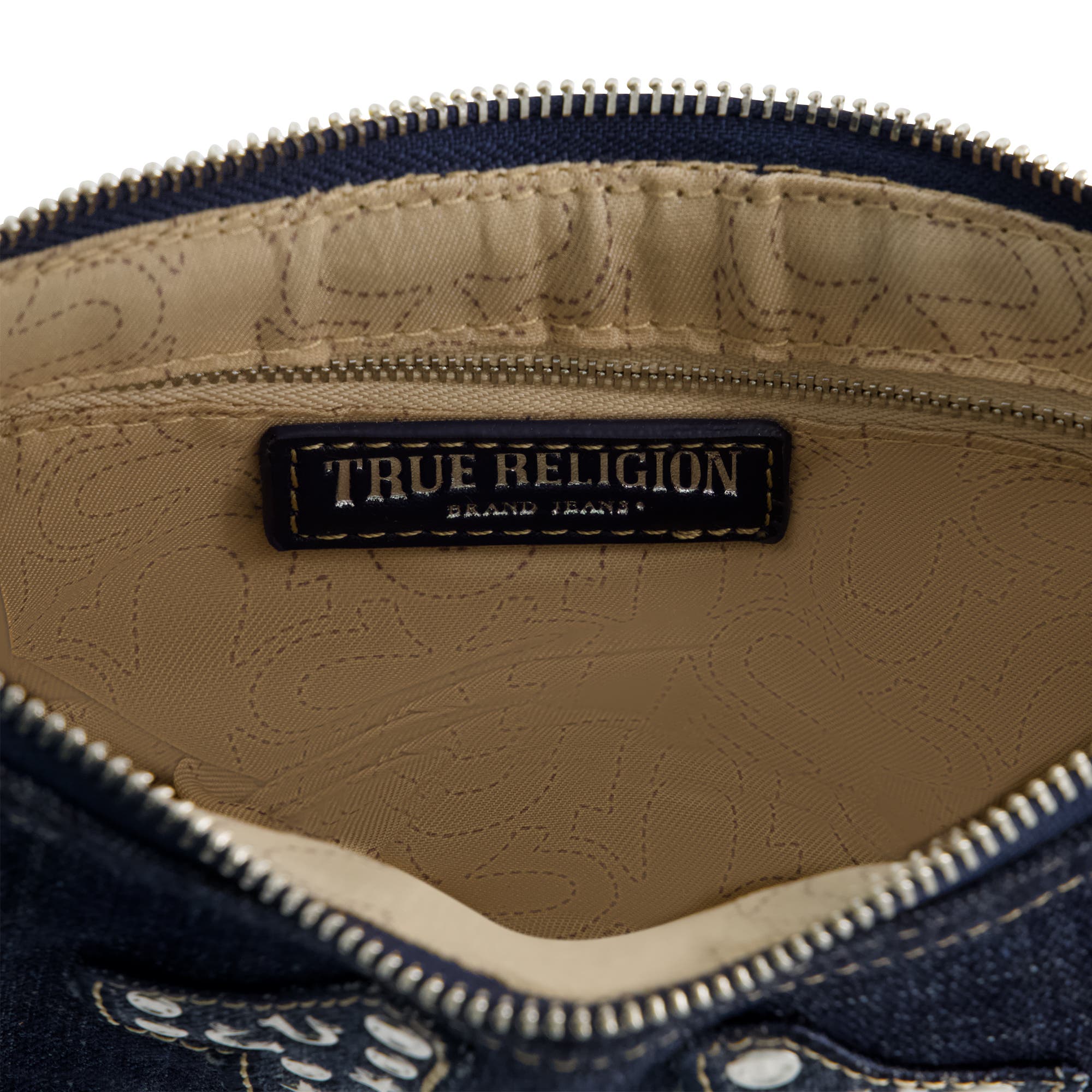 True Religion Studded Horseshoe Denim shoulder bag, Alternate, color, Denim