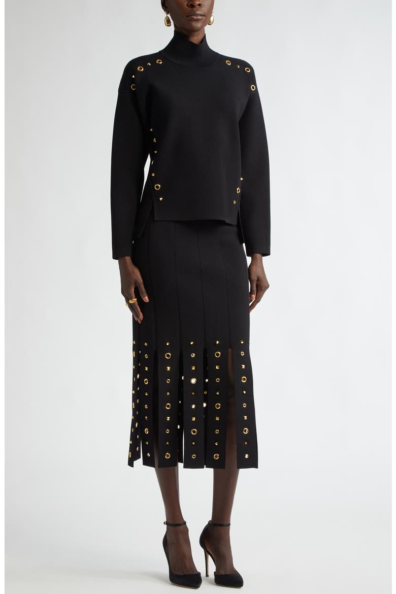 Grommet Studded Car Wash Knit Skirt, Alternate, color, BLACK