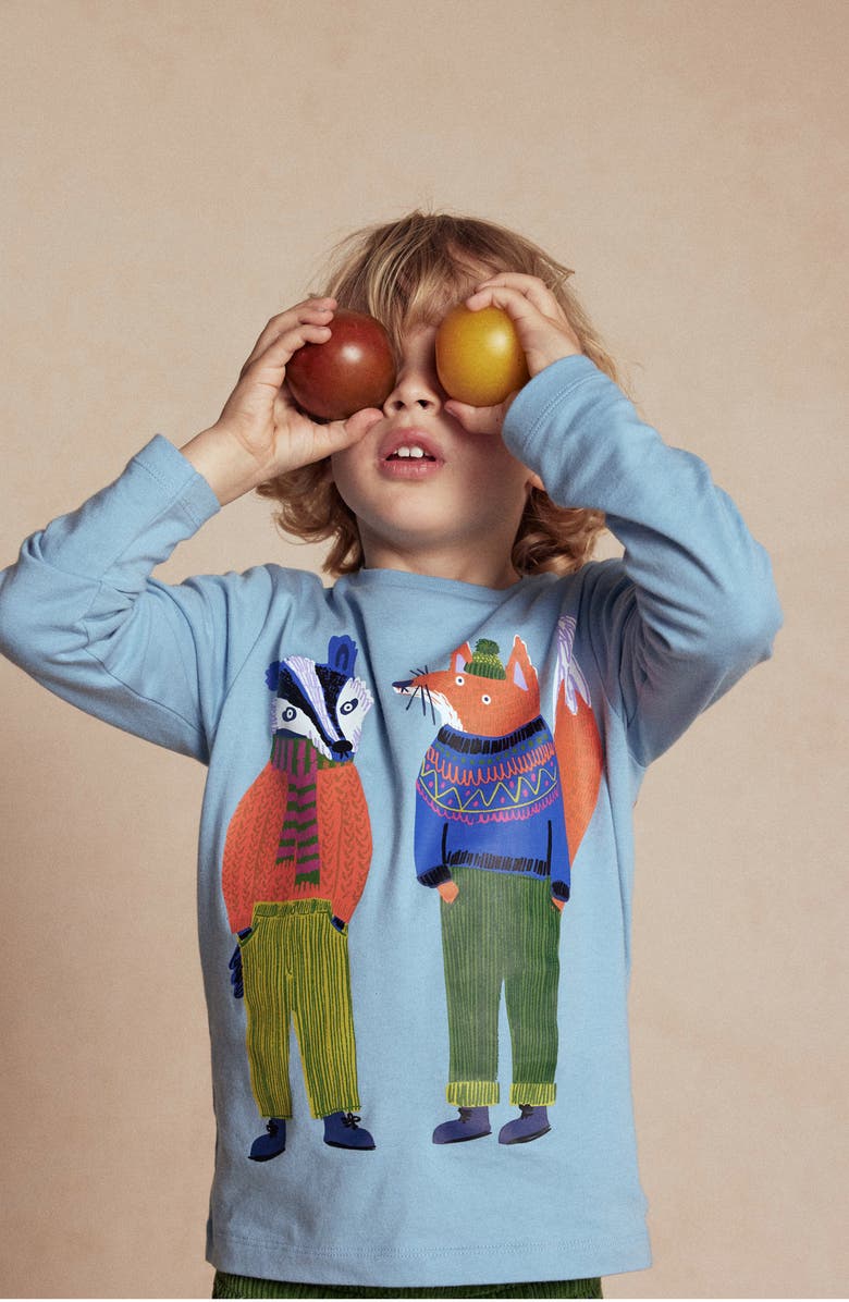 Mini Boden Kids' Friends Long Sleeve Cotton Graphic T-Shirt, Alternate, color, Glacier Blue Foxes