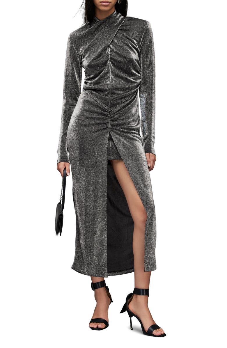 AllSaints Ayla Metallic Long Sleeve Maxi Dress, Main, color, 