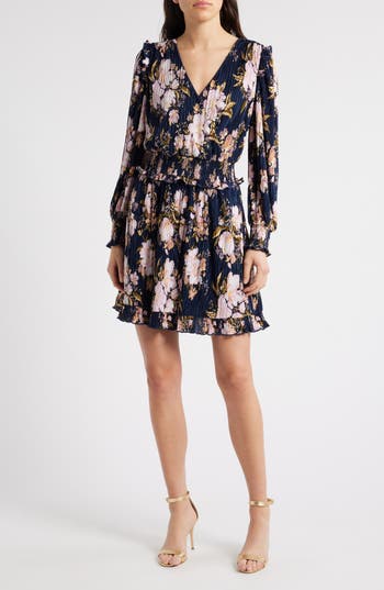Chelsea28 Plissé Smocked Waist Long Sleeve Minidress In Multi