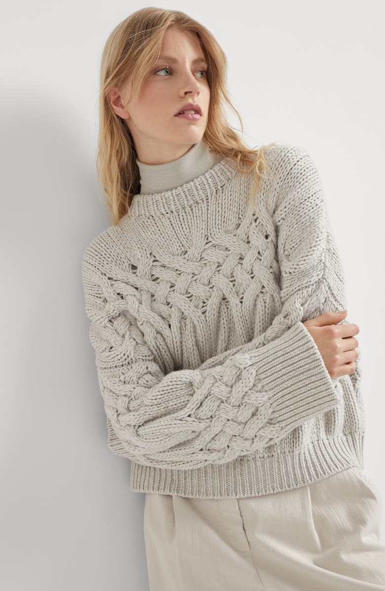 Brunello Cucinelli Twisted cables sweater in cashmere feather yarn, Alternate, color, 