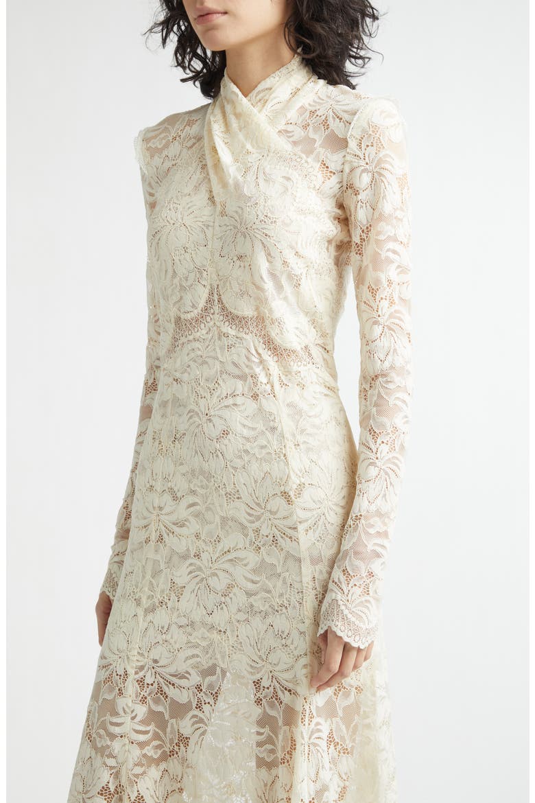 Twist Front Scalloped Long Sleeve Lace Dress, Alternate, color, IVORY