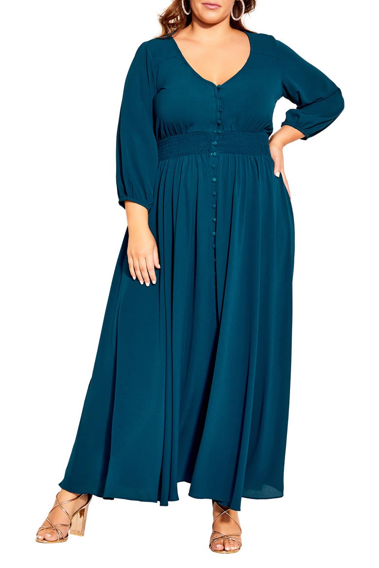 Desire Shirred Waist Button Front Maxi Dress, Main, color, DEEP TEAL