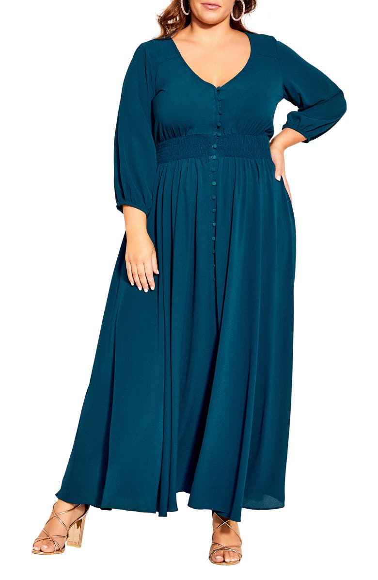 City Chic Desire Shirred Waist Button Front Maxi Dress, Main, color, 