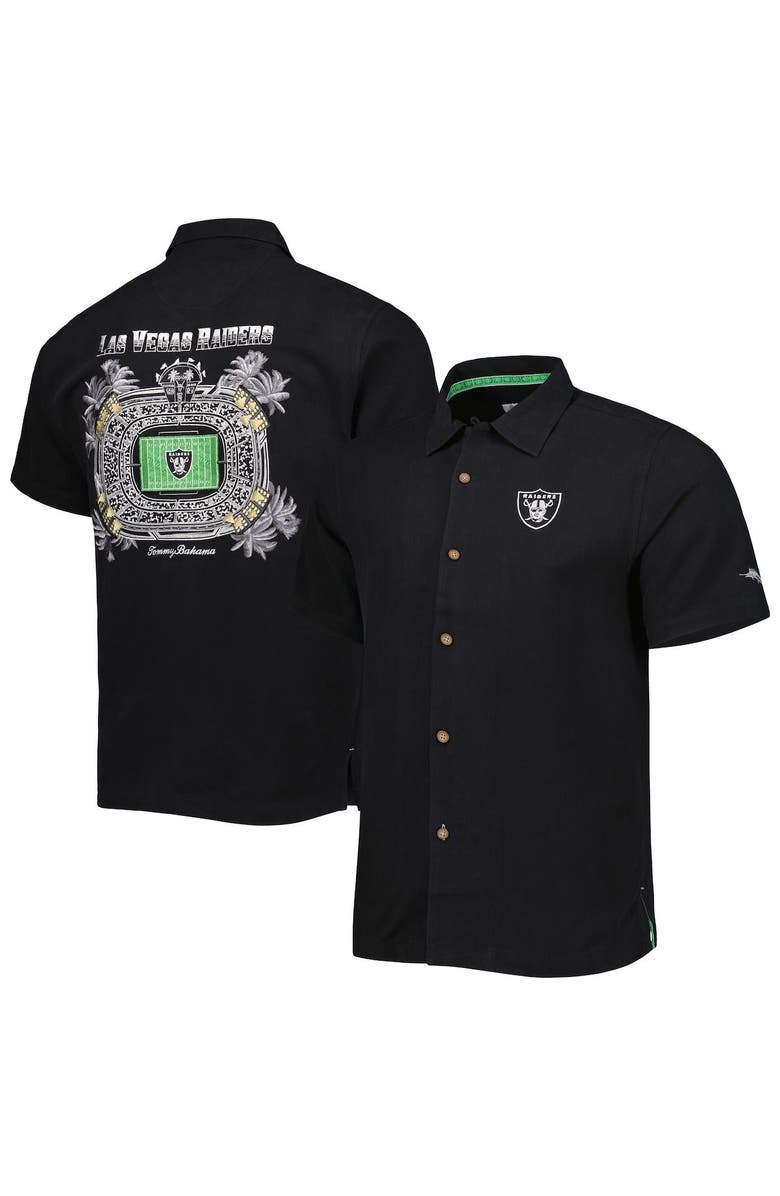Tommy Bahama Men's Tommy Bahama Black Las Vegas Raiders Top of Your Game Camp Button-Up Shirt, Alternate, color, Black