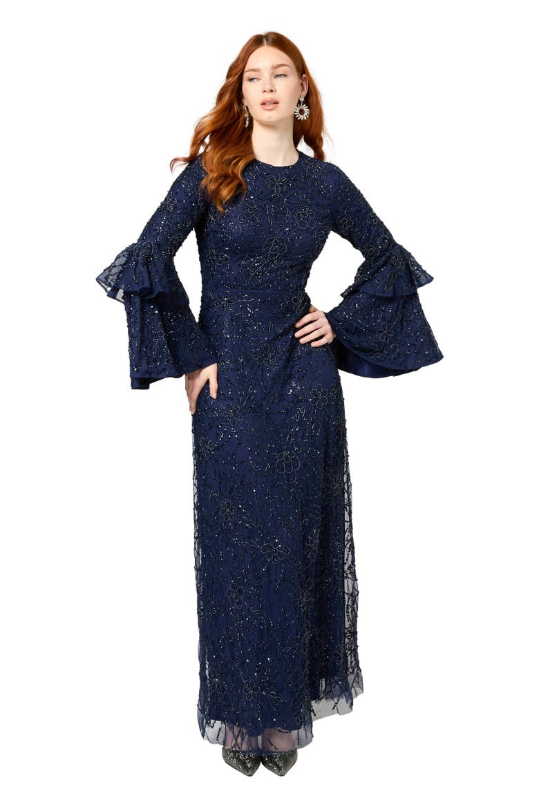 Modest Embellished Sequin Beaded Maxi Dress With Frilled Sleeves, Alternate, color, MID NIGHT BLUE