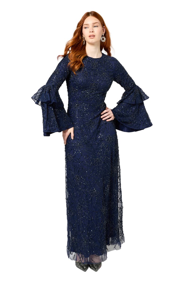 MARYISA Modest Embellished Sequin Beaded Maxi Dress With Frilled Sleeves, Alternate, color, Mid Night Blue