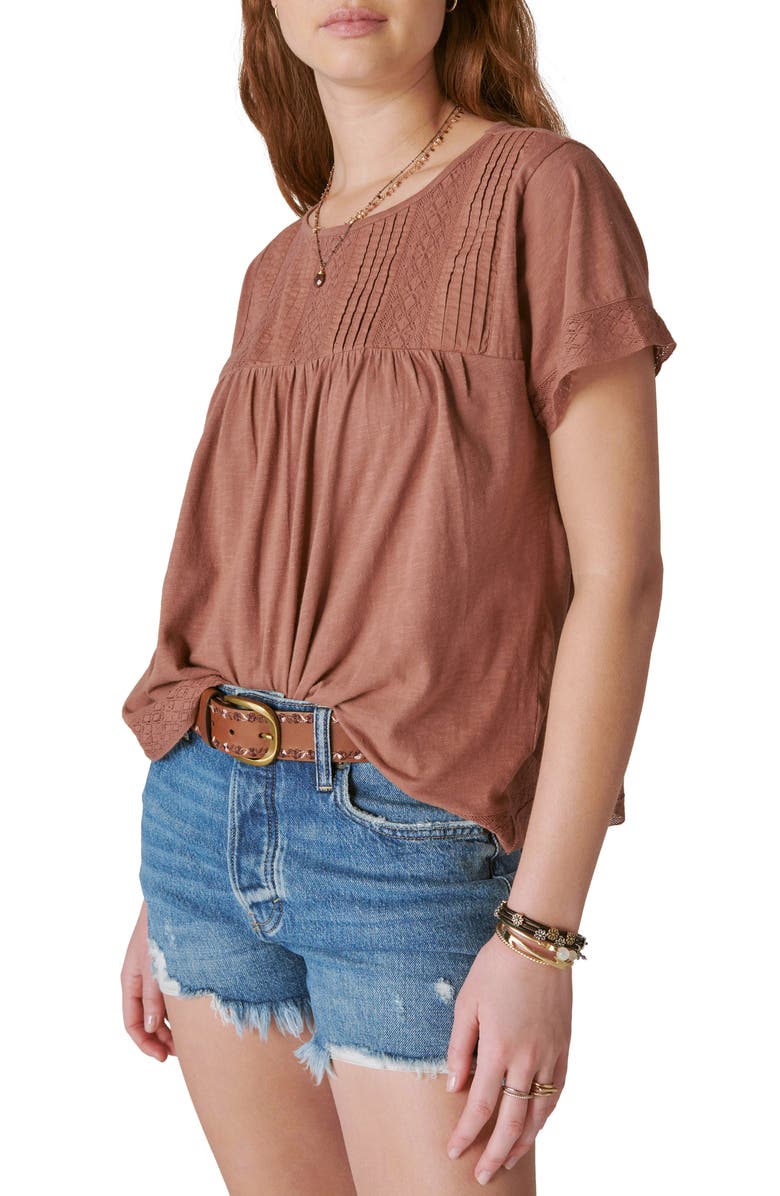 Lucky Brand Pintuck & Lace Top, Alternate, color, Baltic Amber