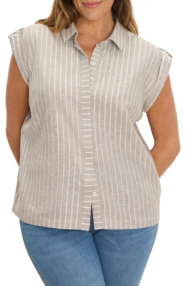 NIC+ZOE Stripe Cotton & Linen Blend Button-Up Resort Shirt, Main, color, Neutral Multi