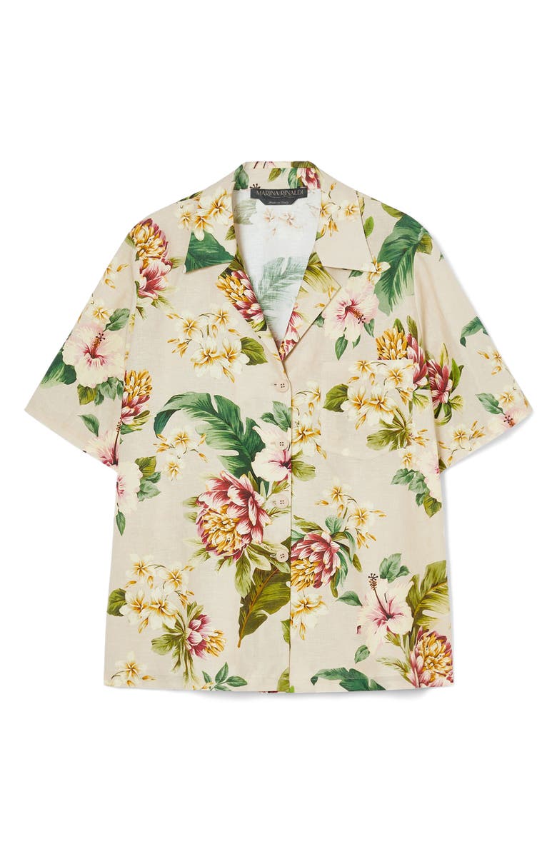 Marina Rinaldi Brais Floral Linen & Cotton Button-Up Shirt, Alternate, color, Sand