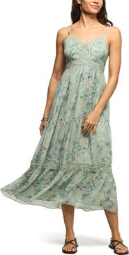 Lucky Brand Floral Print Lace Trim Midi Dress