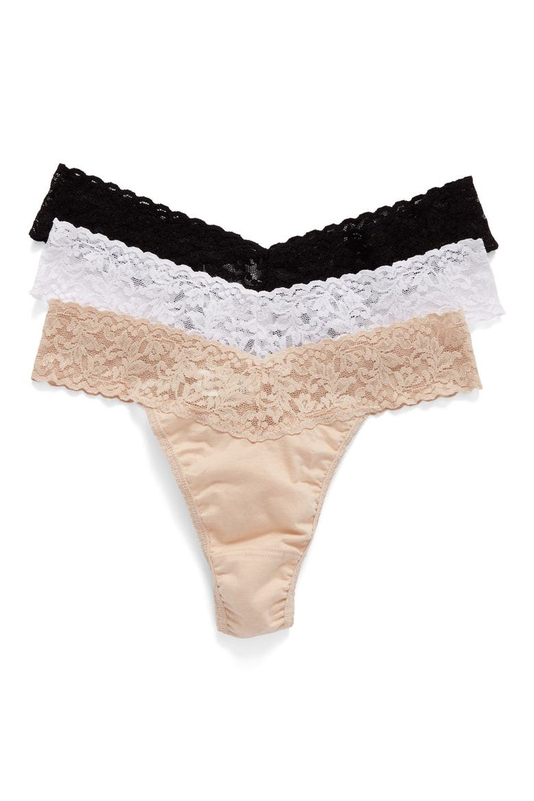 Supima® Cotton & Lace Assorted 3-Pack Original Rise Thongs, Alternate, color, BLACK/  WHITE/ CHAI
