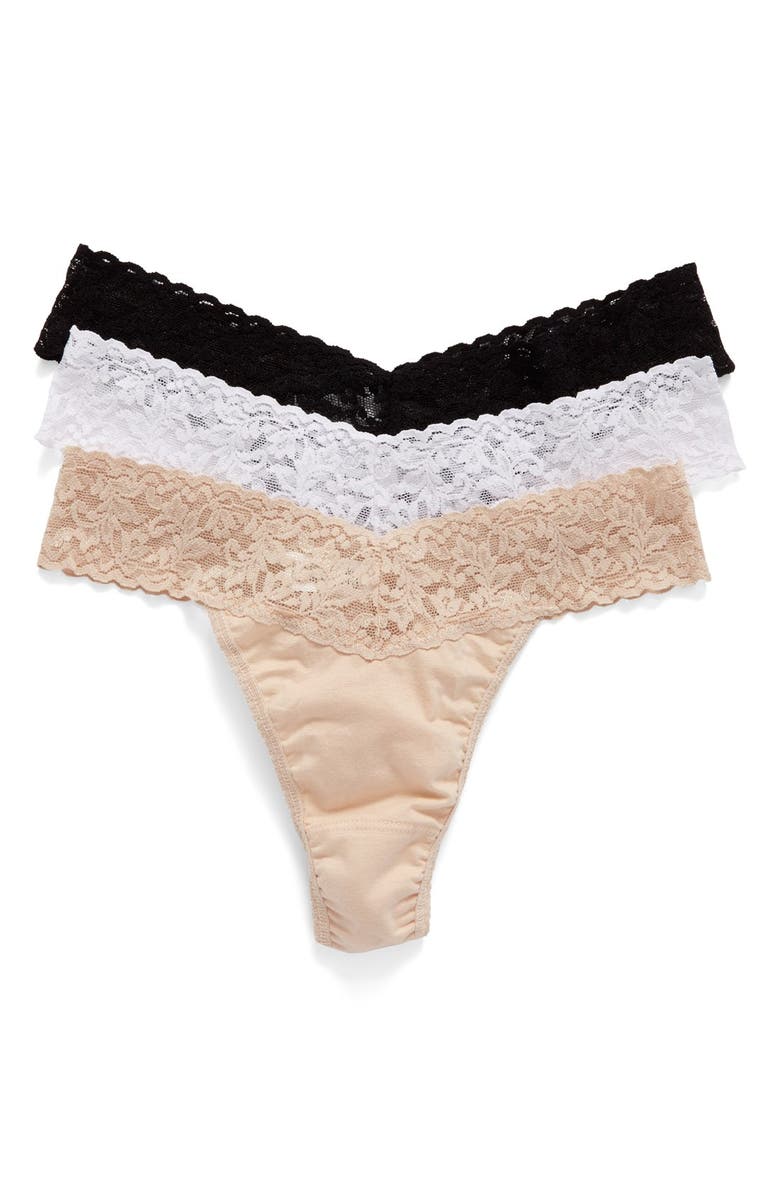 Supima<sup>®</sup> Cotton & Lace Assorted 3-Pack Original Rise Thongs