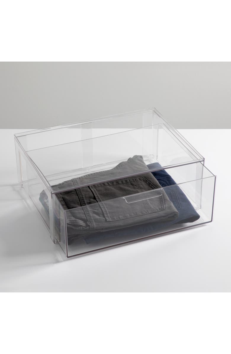 mDesign Plastic Stacking Closet Storage Organizer Bin with Drawer, 4 Pack, Clear, Alternate, color, Clear