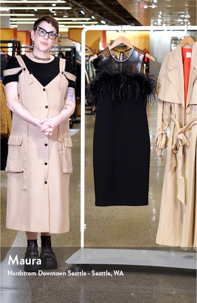 Feather Trim Illusion Neck Sheath Cocktail Dress, sales video thumbnail