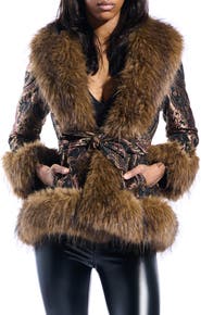 AZALEA WANG Kenzy Belted Jacquard & Faux Fur Coat