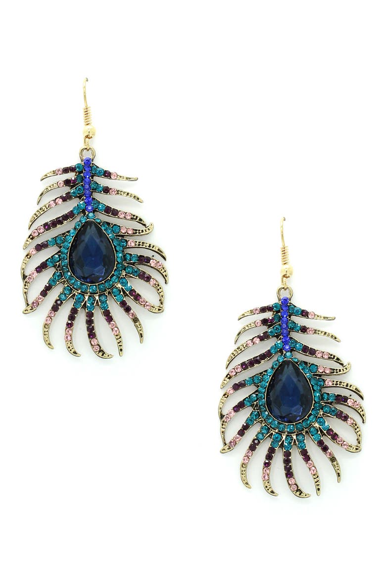 Crystal Peacock Feather Drop Earrings, Main, color, BRONZE