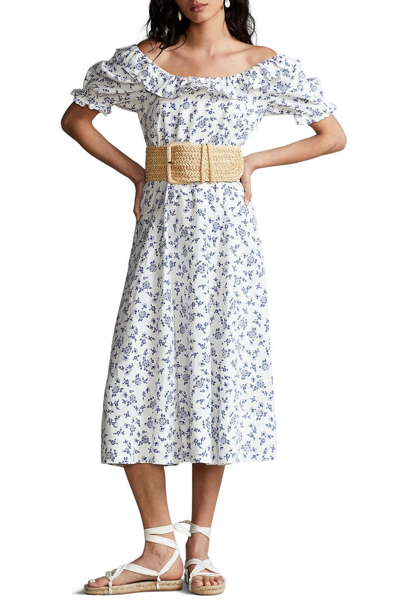 Polo Ralph Lauren Floral Print Ruffle Linen Dress, Alternate, color, 