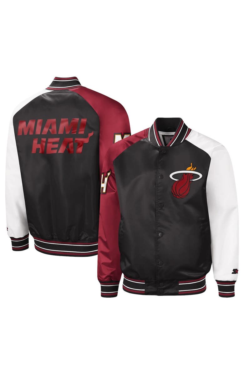 STARTER Men's Starter Black/Red Miami Heat Reliever Varsity Satin Raglan Full-Snap Jacket, Main, color,