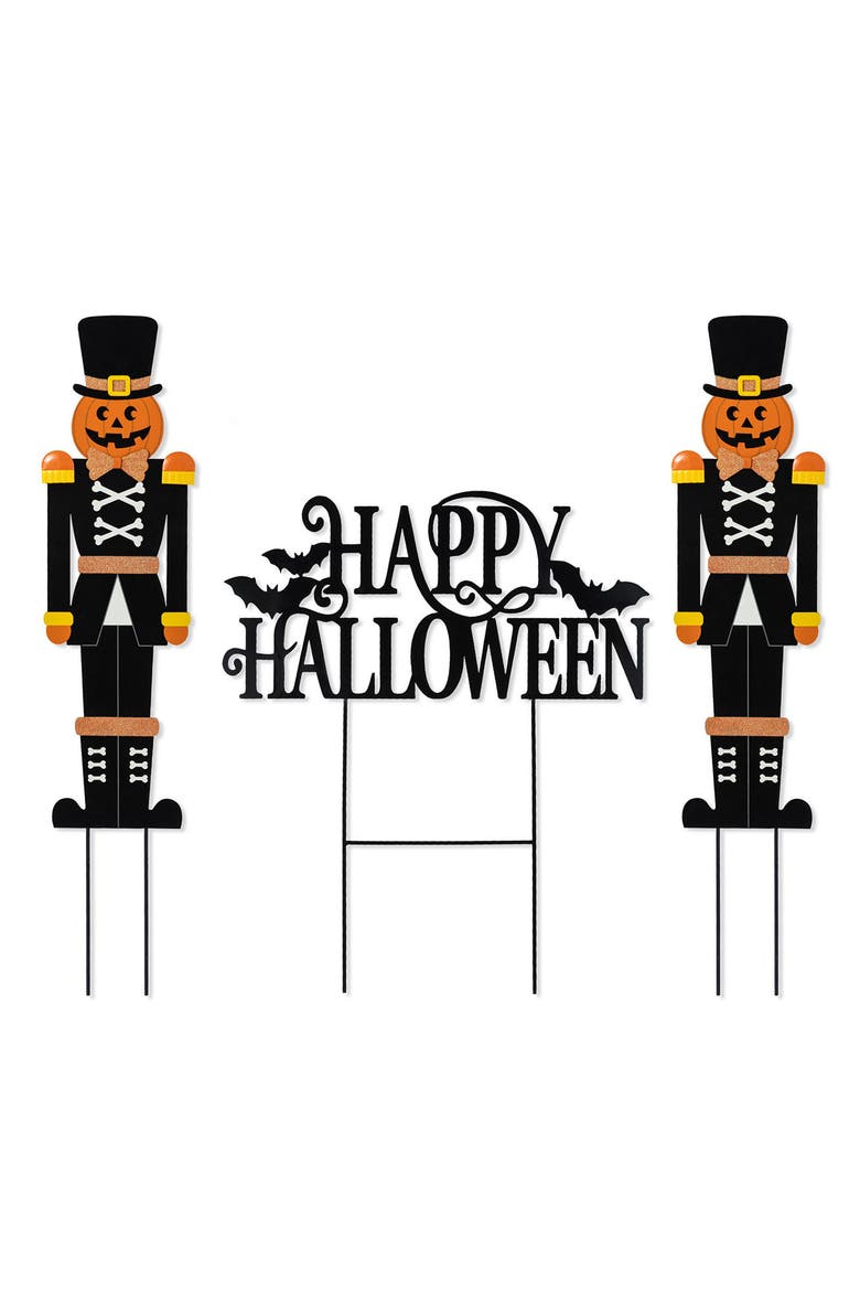 Set of 3 Halloween Metal Nutcracker and HAPPY HALLOWEEN Yard Stake, Main, color, Black