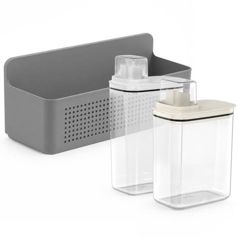 Clear Airtight 50oz & 77oz Laundry Dispenser Set with Measuring Caps and Wall Mounted Storage Basket, 3 Piece Organizer