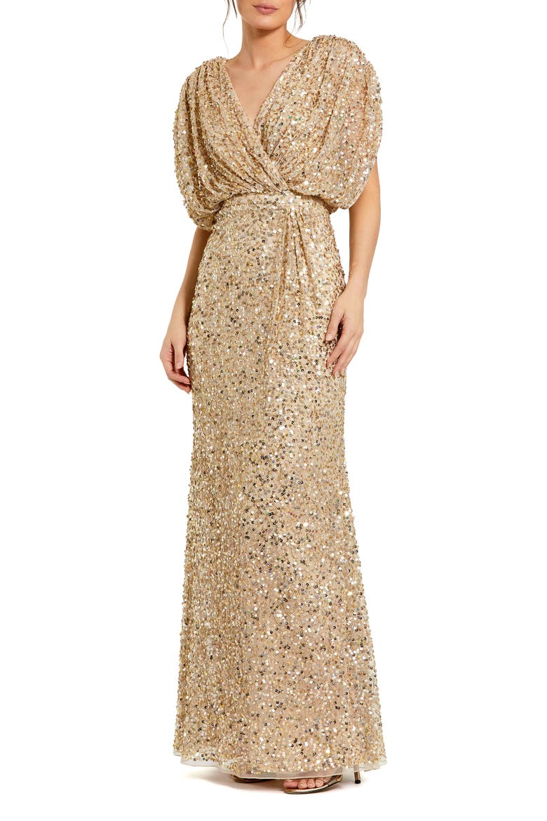 Petite Sequin Draped Sleeve V-Neck Gown, Main, color, Nude Gold