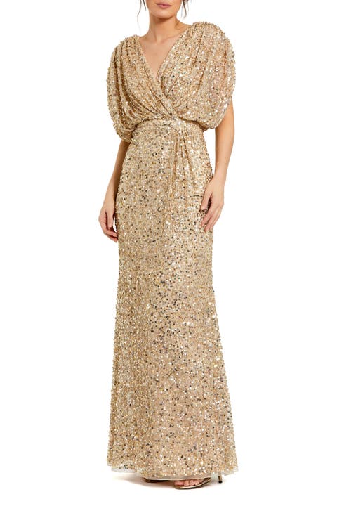 Petite Sequin Draped Sleeve V-Neck Gown
