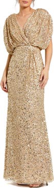 Mac Duggal Petite Sequin Draped Sleeve V-Neck Gown