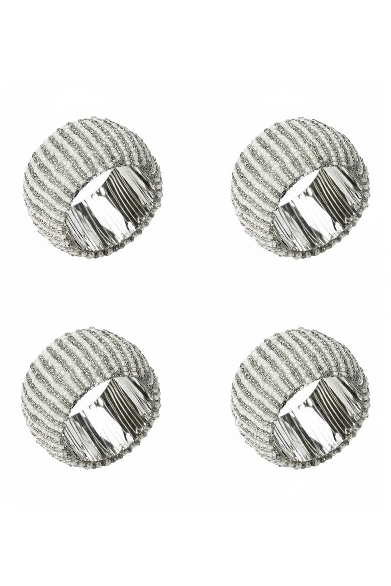Glacier Stripe Set of 4 Beaded Napkin Rings, Main, color, SILVER/ WHITE