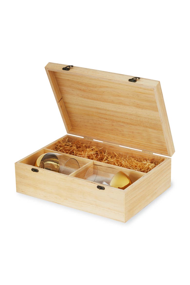 Single Bottle Wooden Wine Box with Two Stemless Wine Glass Set, Main, color, Wood