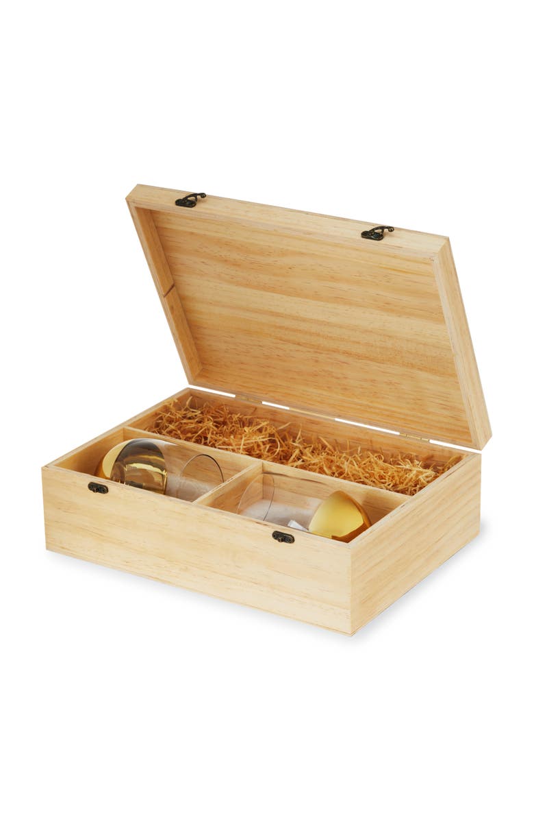 TWINE Single Bottle Wooden Wine Box with Two Stemless Wine Glass Set, Main, color, Wood