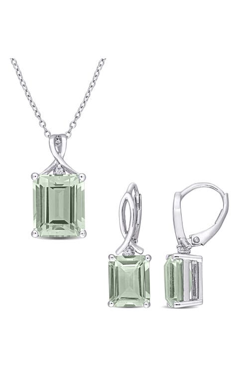 Sterling Silver Green Quartz & White Topaz Earrings & Necklace Set