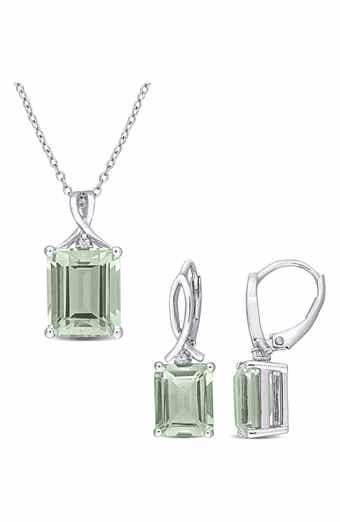 Sterling Silver Green Quartz & White Topaz Earrings & Necklace Set