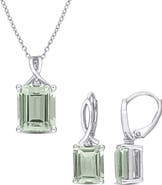 DELMAR Sterling Silver Green Quartz & White Topaz Earrings & Necklace Set