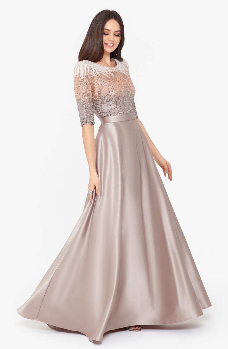 Betsy & Adam Sequin & Satin Ballgown, Alternate, color, Mocha