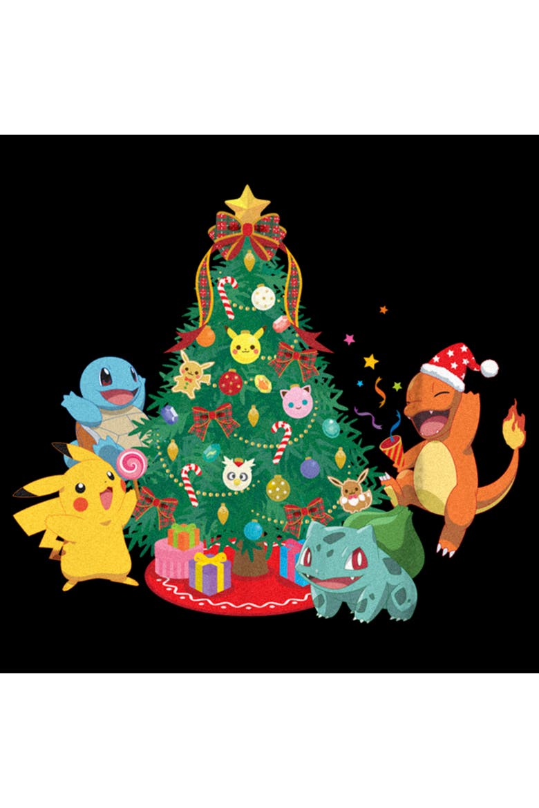 Boy's Pokemon Christmas Tree Characters  Graphic T-Shirt, Alternate, color, Black