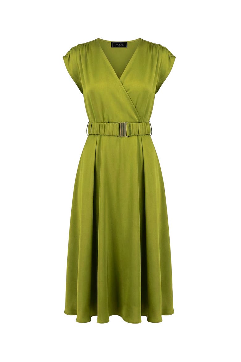 Sleeveless Midi Satin Dress with Belt, Alternate, color, Green