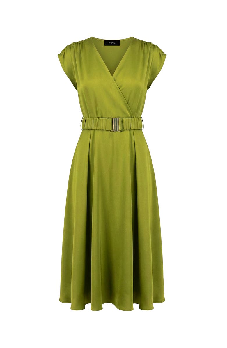 IVONNE Sleeveless Midi Satin Dress with Belt, Alternate, color, Green