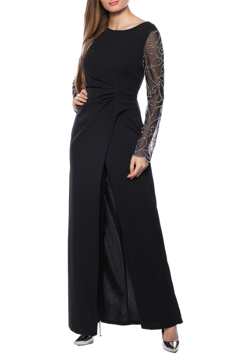 Beaded Sleeve Wrap Jumpsuit, Main, color, BLACK